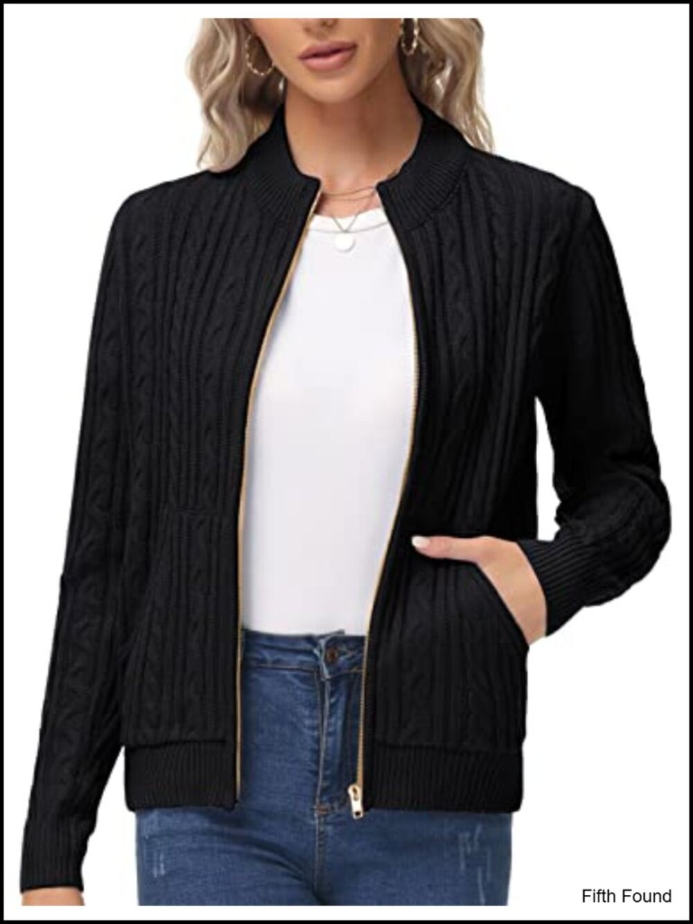Women Zip Up Cable Knit Cardigan Chunky Sweater with Pockets